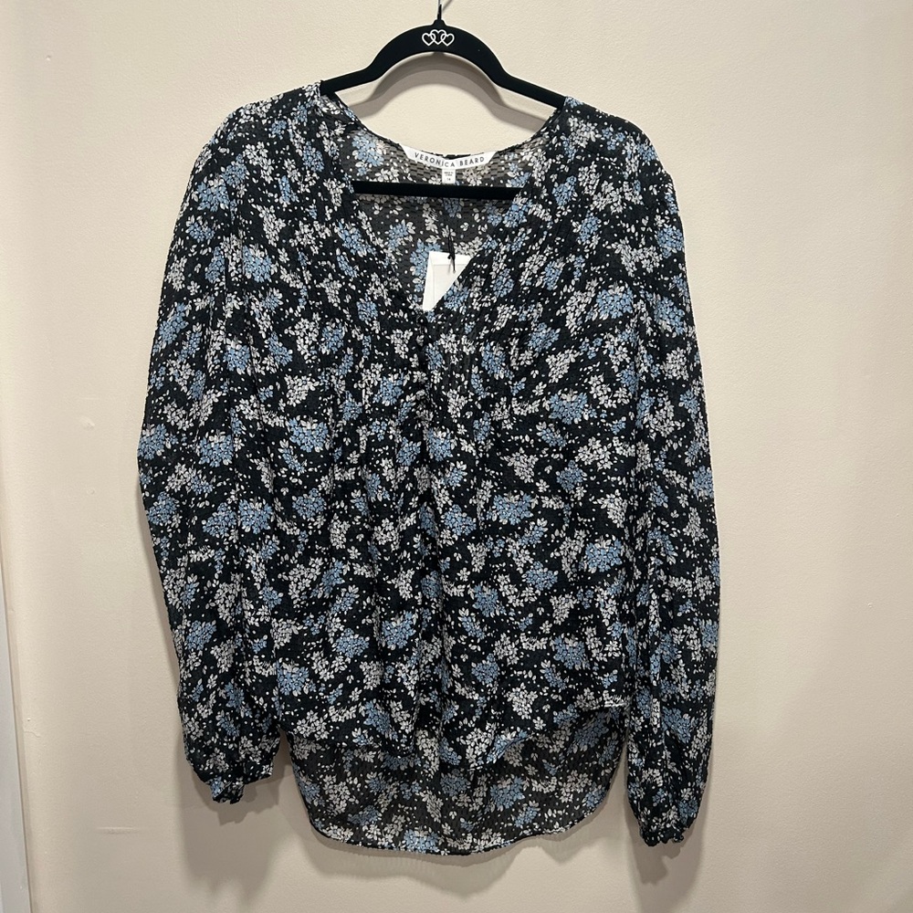Veronica Beard Black Floral Blouse with Light Blue and White Flowers